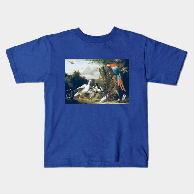 A Macaw, Ducks, Parrots and Other Birds in a Landscape by Jacob Bogdani Kids T-Shirt by Amanda1775